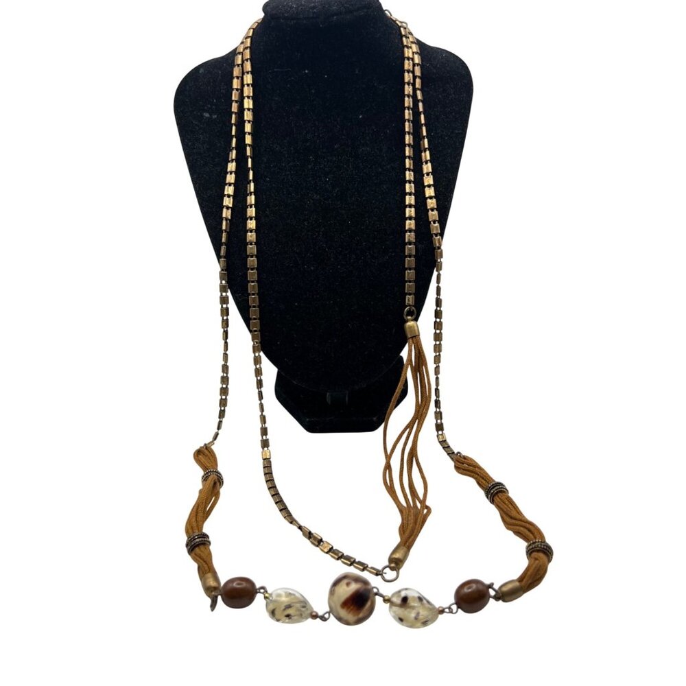 Treska Long Boho Necklace Adjustable Multi Strand Glass Acrylic Beads Cord Brass